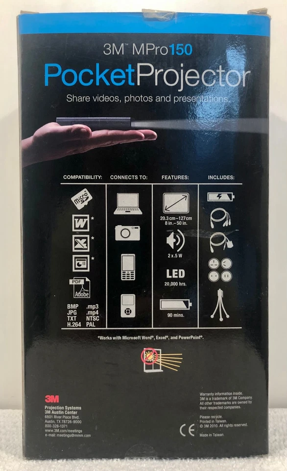 3M MPro 150 Compact Portable Pocket Projector 1 GB LED Black 8” - 50” Display - Image 4 of 4