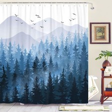 78 Long Blue Misty Forest Shower Curtain, Ombre Mountain Pine Tree, Waterproof