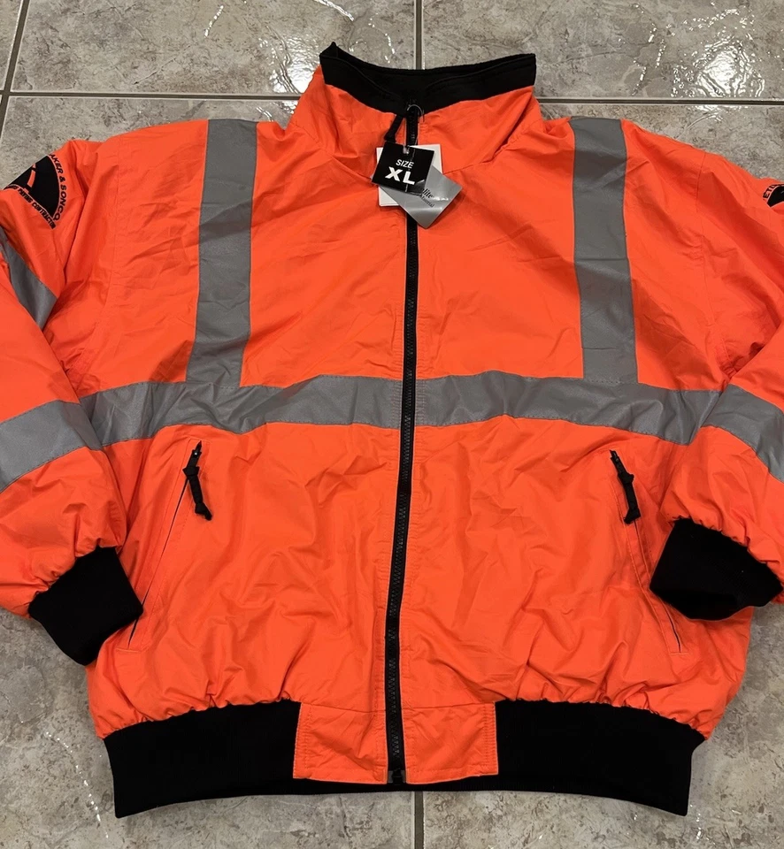 Mens XL Tri Mountain Blaze Orange Hi Vis 3M Reflective Tape Safety Bomber Jacket - Image 3 of 4