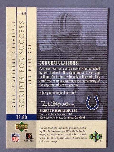2004 Ben Hartsock UD SP Authentic Scripts for Success Auto - Image 2 of 2