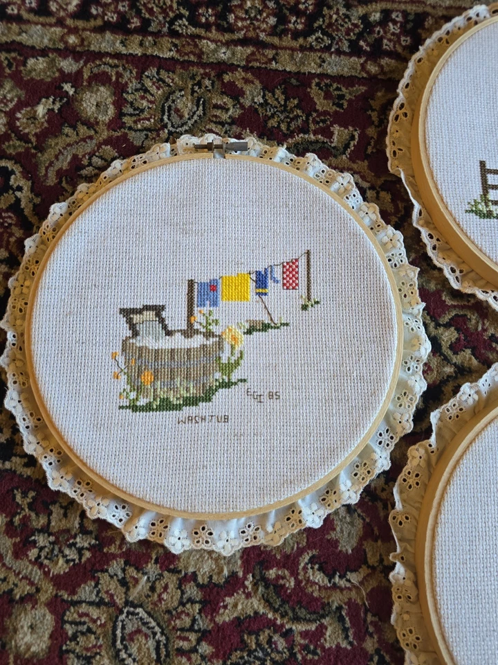 Vintage 6pcs Hand-made Cross Stitch In Round Hoop, 5  Pcs 10", Plus 1 Smaller  - Image 2 of 4