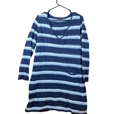 Talbots Womens Dress Navy Blue V Neck Striped Tunic Casual Pocket Stretch Large