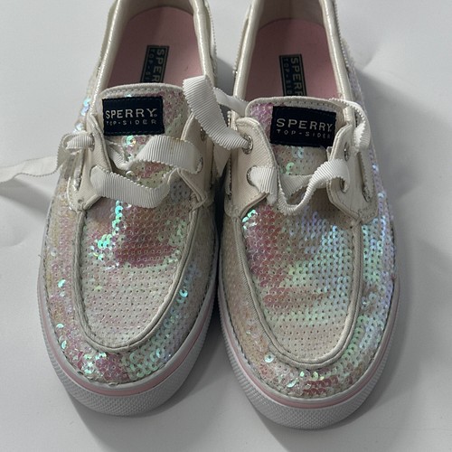 Sperry Top-Siders Bahama White & Pink Iridescent Sequin Sneakers 7/37 - Picture 3 of 6