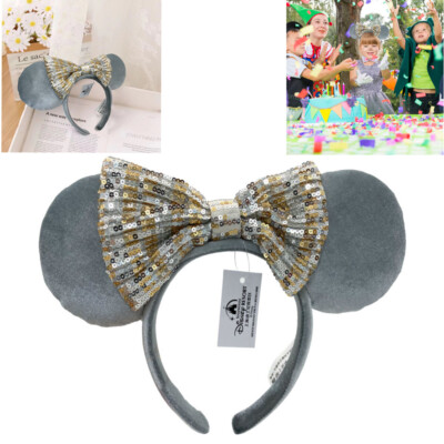 Minnie Mouse Gray Velvet Sequin Bow Ears Headband Disney 