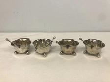 HORACE WOODWARD STERLING SILVER OPEN SALT CELLARS w SPOONS ANTIQUE ~ SET OF 4
