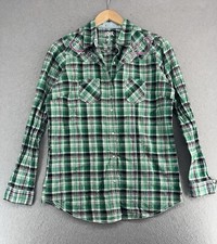 Rock 47 Wrangler Pearl Snap Shirt Green Plaid Sz L Western Steer Longhorn Cowboy