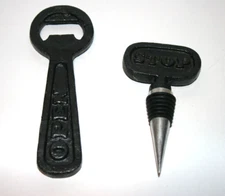 Cast Iron Hand held "Open" Bottle Opener  and "Stop" Wine Bottle Stopper Set