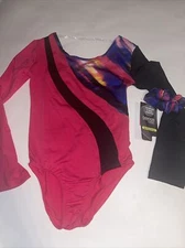 Danskin Now  Girls Pink/Black Long Sleeve Leotard W Scrunchie