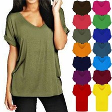 Women Baggy Oversized Loose Fit Turn up Batwing Sleeve Ladies V Neck Top T shirt