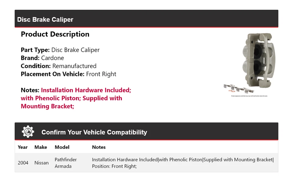 Pinza de freno de disco delantera derecha cardone para Nissan Pathfinder Armada 2004 Foto 2 de 4