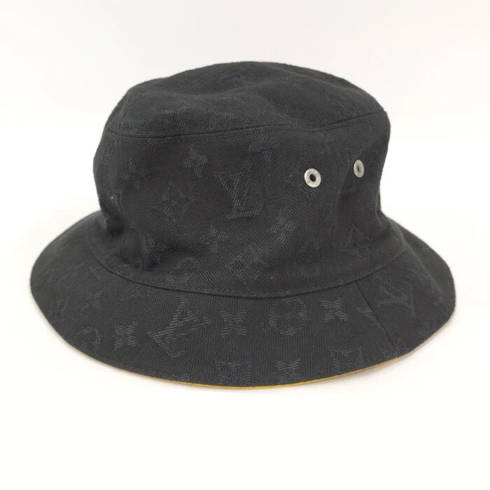 AUTH LOUIS VUITTON REVERSIBLE BUCKET HAT BLACK/YELLOW MONOGRAM HEAD 60CM F/S