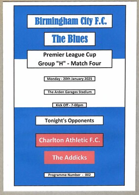 BIRMINGHAM CITY U21s v CHARLTON ATHLETIC U21s 20.01.25 PREMIER LEAGUE CUP