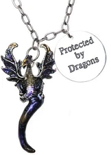 KIRKS FOLLY PROTECTED BY DRAGONS PENDANT NECKLACE ANTIQUE SILVERTONE 