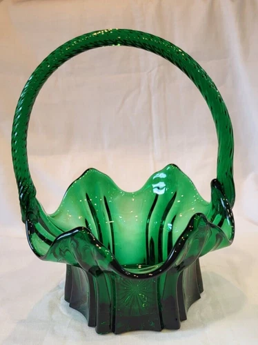 Fenton Glass Vintage Emerald Green Vulcan Glass Basket with Twisted Handle