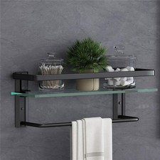 Bathroom Glass Shelf W/ Towel Bar Black Bathroom Shelf Wall Mount Rustproof