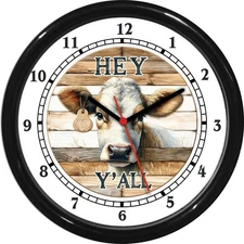 Hey Y'all Cow  Wall Clock  Beige White Farmhouse Country Kitchen Southern 0825