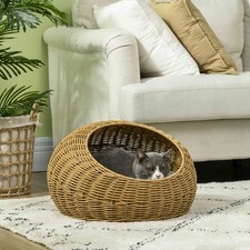 Rattan Cat Bed with Washable Cushion for Cats, Puppies, Light Brown