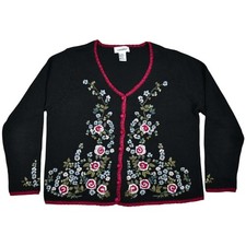 Vintage black/burgundy floral embroidered cardigan sweater size medium cottage