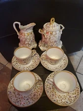 Antique 19th Century French Vieux Old Paris Porcelain Cups Saucers Sugar Creamer