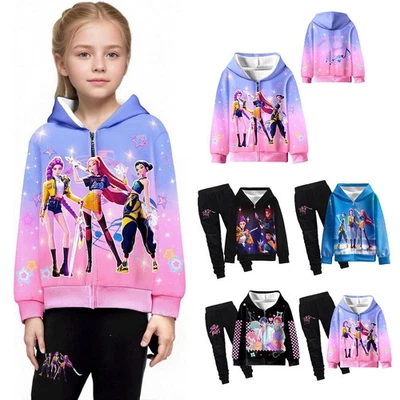 Girls Kpop Devil Hunters Coat Hoodies Tracksuits Activewear Top Pants Outfit Set