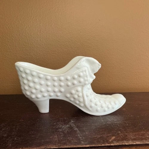 Fenton White Milk Glass Hobnail Boot Shoe Vase Planter Vintage