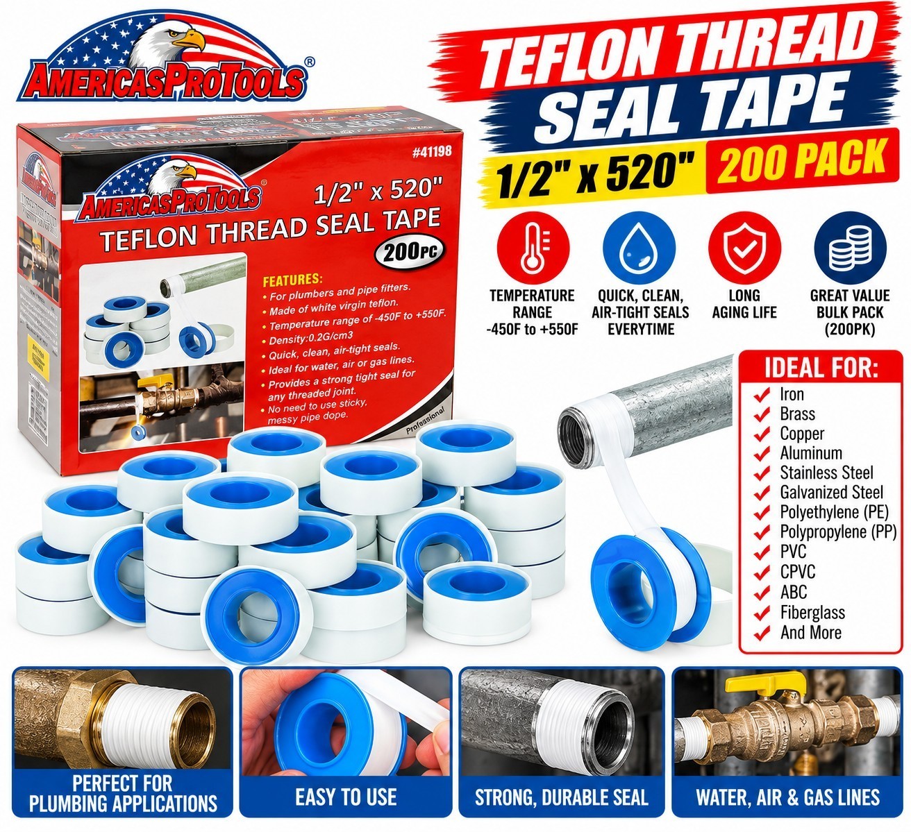 Teflon Tape, Industrial Sealant Tape, Threaded Pipe Tape, Plumbing Tape, 520x1/2