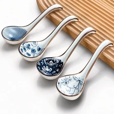 Asian Soup Spoon Set of 4, Ceramic Pho Spoons, Ramen Spoon, Chinese Soup S