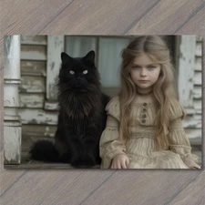 8.5x11"  Girl Black Cat Weird Creepy Pet Old Vibe Unusual Cute Scary Strange Fun