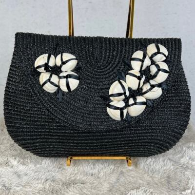 #ad #ad Felix Rey Black Straw Clutch Purse Seashell Detail