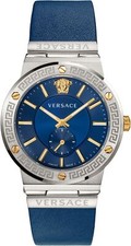 Versace VEVI00120 Greca Logo silver gold blue Leather Men's Watch NEW