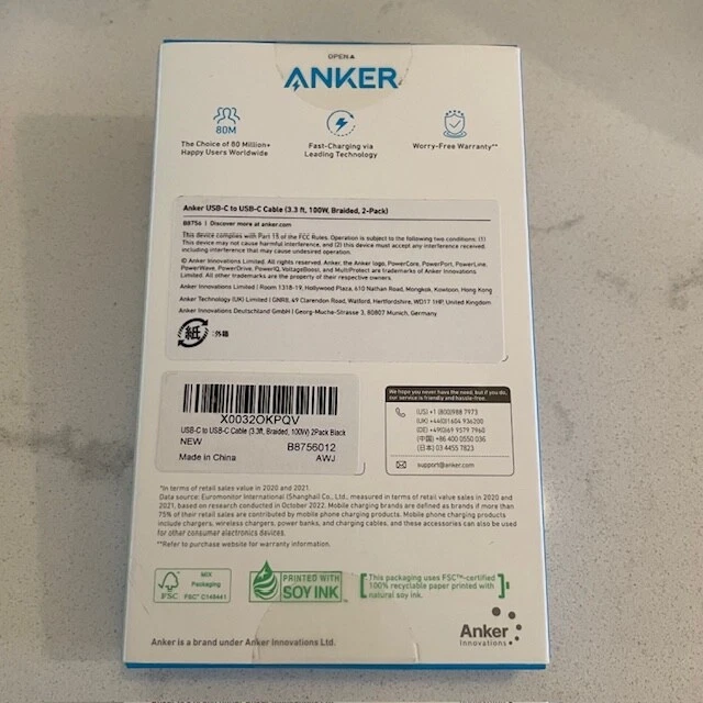 Anker USB C to USB C Charging Cable 3.3ft 100W Braided 2 Pack Black New In Box - Image 4 of 4