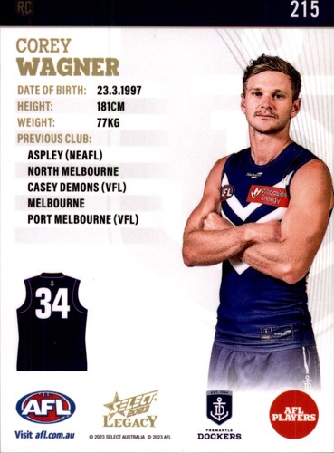Signed 2023 Fremantle Dockers AFL Select Legacy Rookie Card - Corey Wagner - Picture 2 of 3
