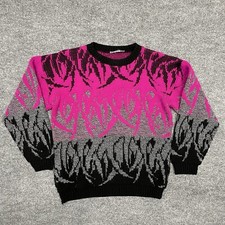 Vintage 80s Class Act Sweater Womens Medium Pink Black Geometric Acrylic Crew