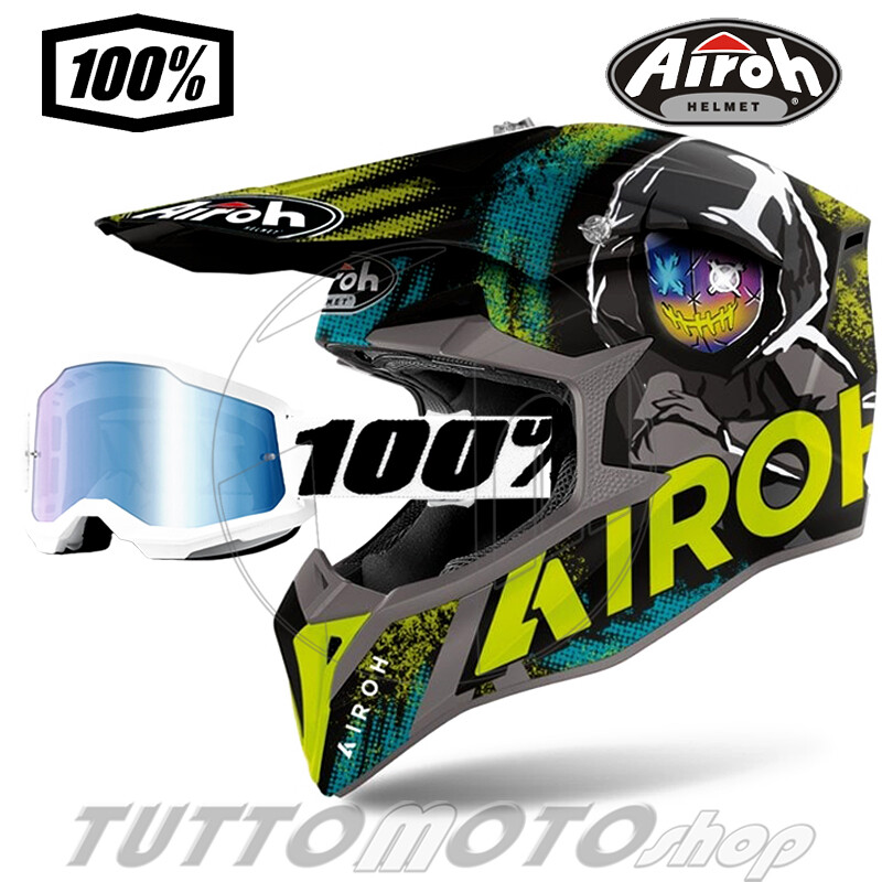 Casco da cross enduro moto-cross AIROH ALIEN yellow matt + maschera 100% STRATA