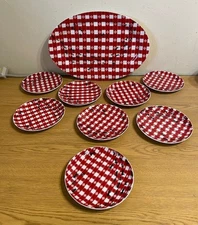 NEW 9pc PIER 1 ANTS AT A PICNIC OVAL SERVING PLATTER 8 SNACK PLATES 6.5" GINGHAM