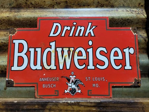 VINTAGE BUDWEISER PORCELAIN SIGN OLD BEER BOTTLE BEVERAGE ALCOHOL BAR BUD LITE