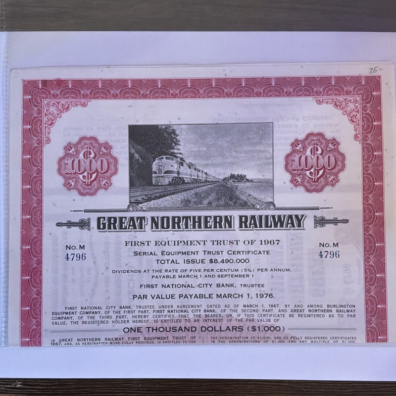 1967 Great Northern Railway - First Equipment Trust $1,000 Certificate