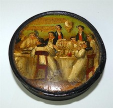 19thC Papier Mache Snuff Box A Good Dinner Is Better Than A Dry Debate Painted