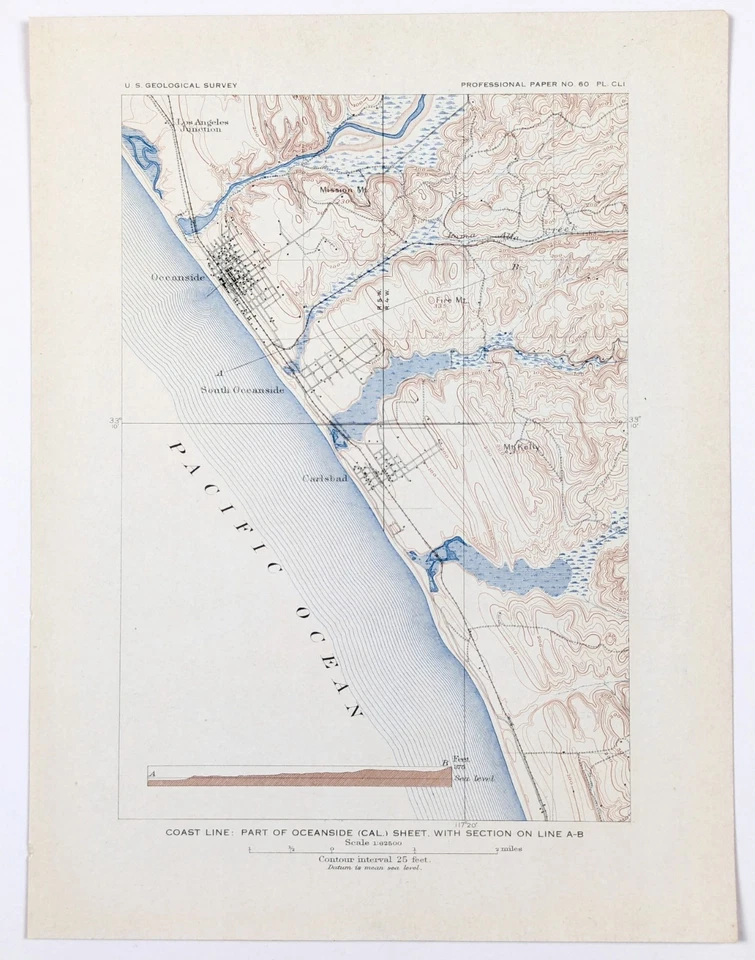 1908 Oceanside - Carlsbad - California Mapa ORIGINAL - Costa del Pacífico Foto 2 de 3