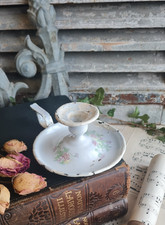 ANCIEN BOUGEOIR EMAILLE QUEUE DE RAT DECOR FLEURS