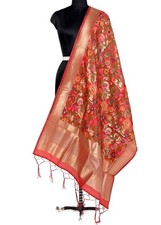Red Banarasi Dupatta Indian Art Silk Woven Zari Brocade Long Stole Scarves Gift
