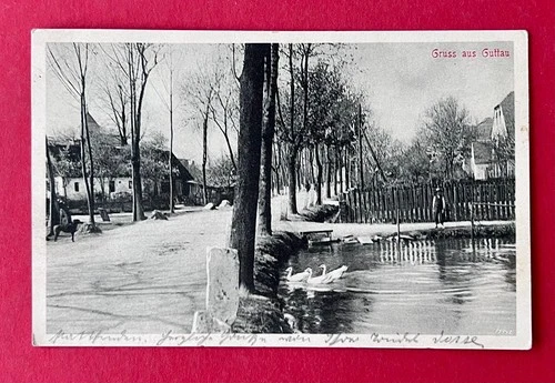 Postcard Guttau near Bautzen 1919 lot at the pond (178165