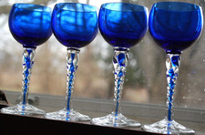 Vtg Set 4 COBALT BLUE Hand Blown CORDIAL/LIQUEUR GLASSES Clear/Blue Twist Stem