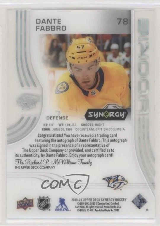 2019-20 Upper Deck Synergy Rookies /20 Dante Fabbro #78 Rookie Auto RC - Image 2 of 2