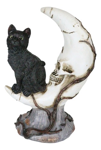 Witching Hour Halloween Black Cat Sitting On Crescent Moon Skull Figurine - Picture 5 of 7