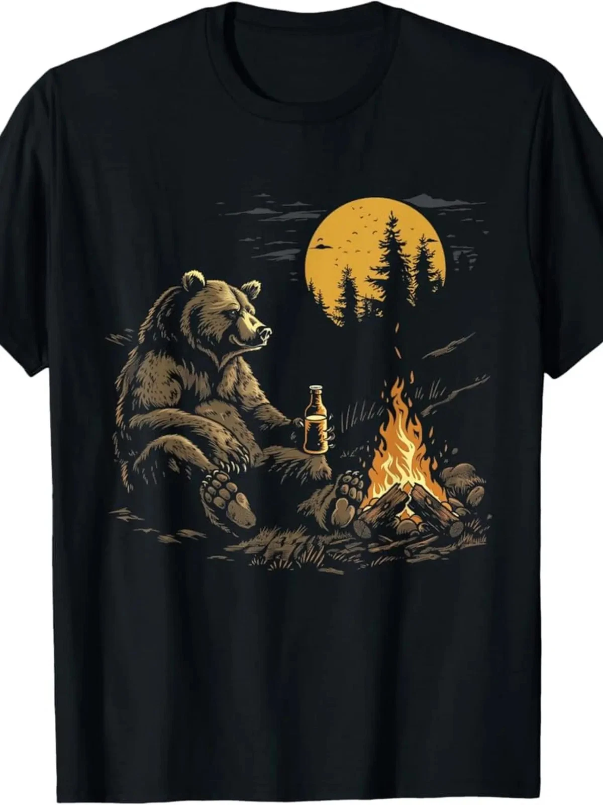 Made in USA 180g Camping Bear Drinking Beer Hiking Nature Grizzly T-Shirt
