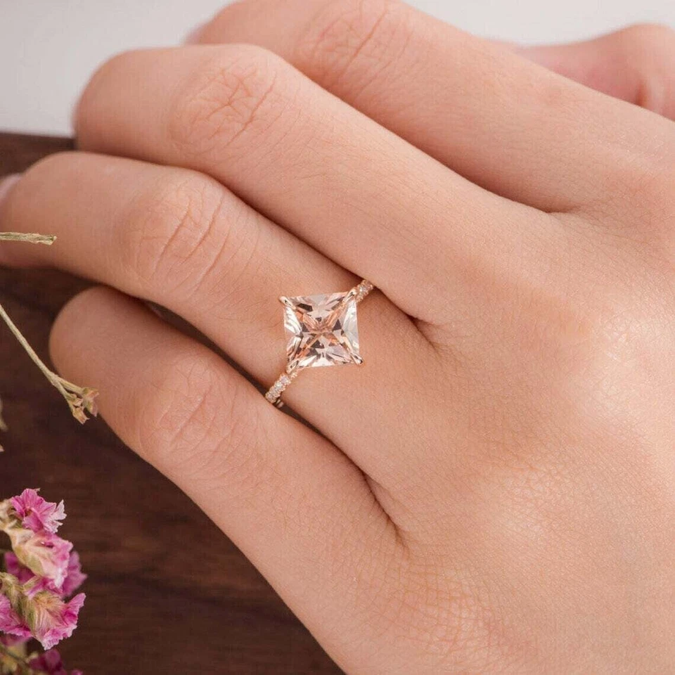 3 Ct Princess Cut Simulated Peach Morganite Wedding Ring In 14k Rose Gold Plated - Image 3 of 4