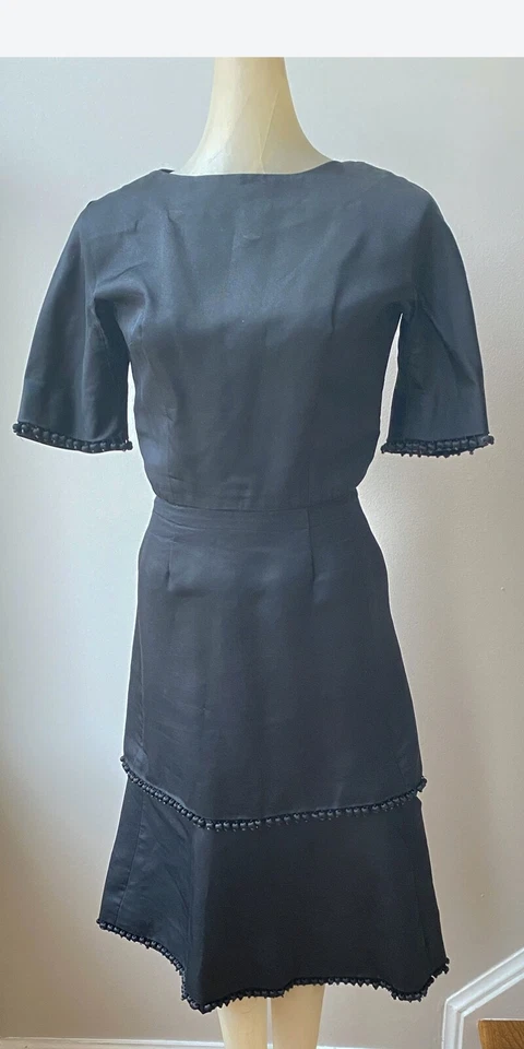 Vestido de gabardina de seda de los años 60 con flecos de pompón Saks Fifth Avenue WW145 Foto 2 de 4