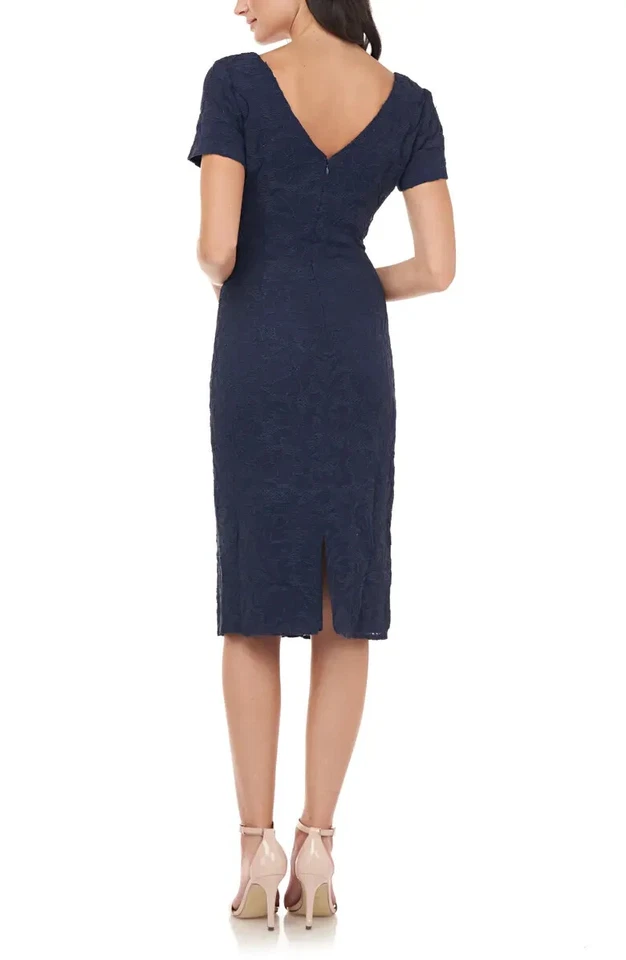 JS Collections Navy Blue Floral Jacquard Short Sleeve Cocktail Dress Sz 8 $168 - Image 3 of 3