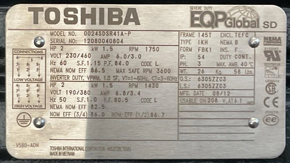 TOSHIBA 0024SDSR41A-P EQP GLOBAL SD MOTOR 3PH 230/460V 6.0/3.0A 2HP 1750RPM - Image 2 of 4